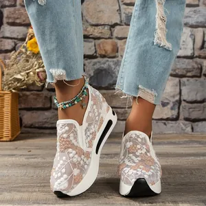 White mesh platform sneakers with floral embroidery and breathable design for women