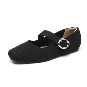 Bailarinas Mary Jane de punto negro con punta cuadrada, hebilla plateada y suela blanda