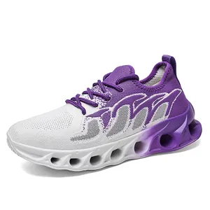 Breathable fly-knit men's running shoes with purple gradient and cushioned sole.
