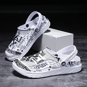 Stylish white clogs for men with black newspaper print and comfortable heel strap