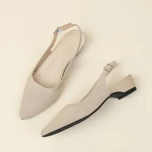 Elegant beige breathable knit pointed-toe slingback pumps with comfortable low block heel