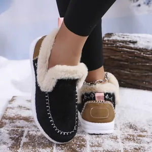 Close-up detail of cozy women's winter shoes featuring faux fur lining and stitching