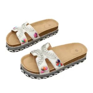 Elegante dames platform slippers met strass H-bandje en gevlochten zool van touw