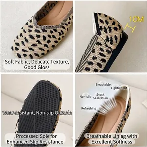 Comfortable leopard print square toe knitted ballet flats with breathable mesh and 1cm heel