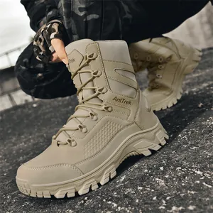 Botas de combate tácticas para exteriores para hombre en cuero color arena kaki