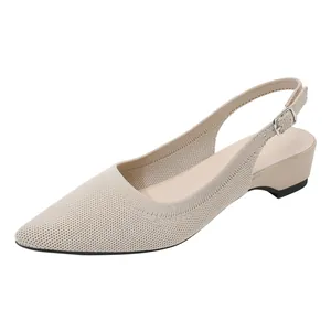 Elegant breathable knitted pointed-toe slingback shoes with low block heel for women