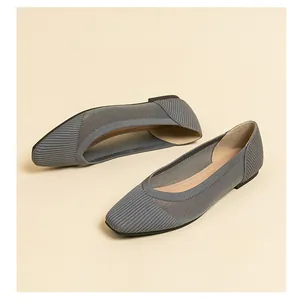 Elegant grey mesh knit ballet flats with breathable square toe design for women.