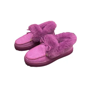 Mocassins d'hiver confortables doublés de fourrure violette avec nœud et plateforme