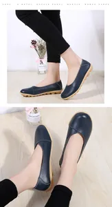 Close-up of navy blue leather loafers with durable gum sole and white stitching