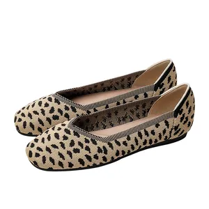 Stylish leopard print knitted square toe flat ballet shoes for women with comfortable sole