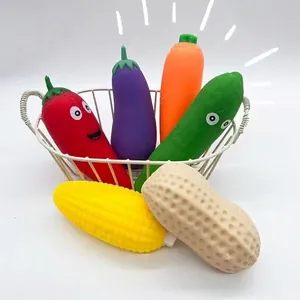 Variety of colorful vegetable and fruit shaped TPR squishy stress relief toys in a basket