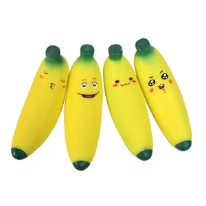 Close-up detail of four banana squishy stress toys with cute cartoon expressions