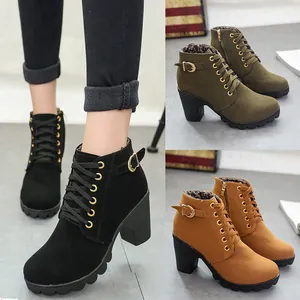 Women Suede Chunky Heel Ankle Boots Round Toe Lace-up Martin Boots With Belt Buckle Rubber Sole Autumn Winter Casual Footwear