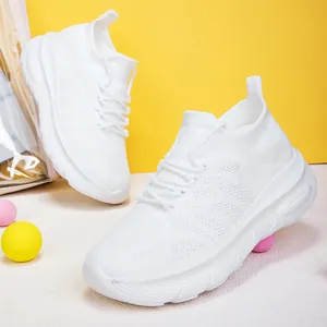 Fashionable white flyknit sock sneakers with thick soles for men and women casual wear