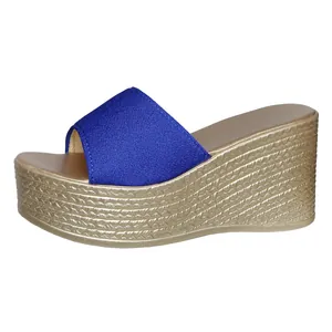 Sandales à plateforme compensée pour femmes en tissu bleu avec semelle dorée chic