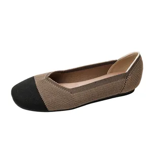 Comfortable women's square-toed knitted flats in two-tone beige and black