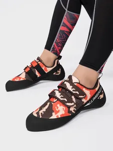 Professional climbing shoes with camouflage pattern and Velcro straps for indoor bouldering