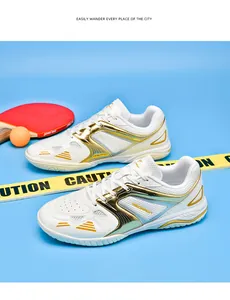 Chaussures de sport d'intérieur professionnelles blanc et or pour tennis de table et badminton.