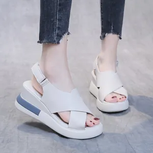 Elegant white soft leather platform wedge sandals for women with criss-cross straps