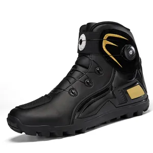 Botas de moto profesionales negras con hebilla giratoria y detalles amarillos