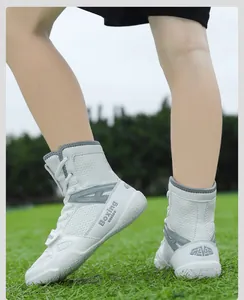Breathable white high-top boxing and wrestling shoes for kids training on grass