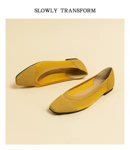 Close-up angle showing the breathable texture of yellow knit flat shoes for women
