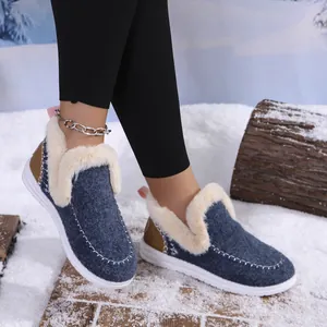 Cozy blue women's winter cotton shoes with warm faux fur lining in a snowy scene