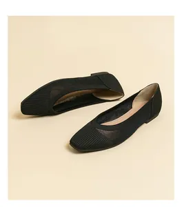 Detailed view of black breathable knit mesh flat shoes with square toe design