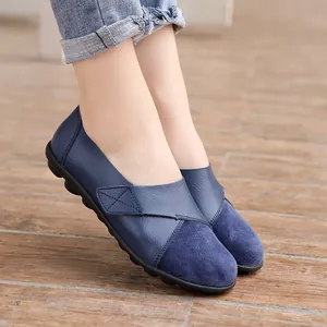 Damen Casual Echtes Leder Mokassins Wildleder Spleißen Flache Loafers Klettverschluss Bequeme Runde Zehe Wanderschuhe Plus Damen Schuhe