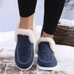 Detail of women's warm winter slippers in blue with white faux fur lining and stitching.