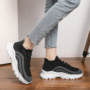 Breathable knit sneakers with chunky white soles, stylish women's sock shoes for running