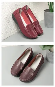 Close-up view of women's soft leather loafers in burgundy and dark brown colors