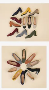 Multi-color block heel pumps with square toe and vertical ribbed knit texture.
