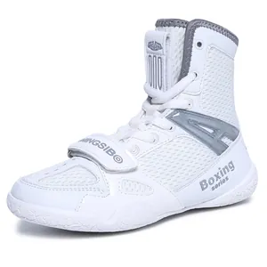 Professional white high-top boxing shoes with breathable mesh and anti-slip sole for training