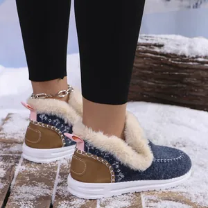 Detail of women's warm snow boots with faux fur lining and snowflake embroidery