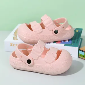Cute pink children's closed-toe sandals featuring buckle straps and breathable soft soles