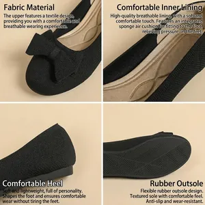 Classic black knit ballet flats featuring an elegant bow and soft cushioned insole.