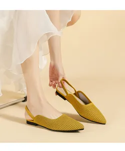 Close-up detail of yellow knit pointed-toe slingback flats with breathable texture
