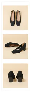 Multi-angle detail views of black square-toe chunky heel pumps with ribbed knit texture.