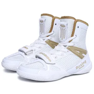 White high-top boxing and wrestling shoes with breathable mesh and anti-slip sole
