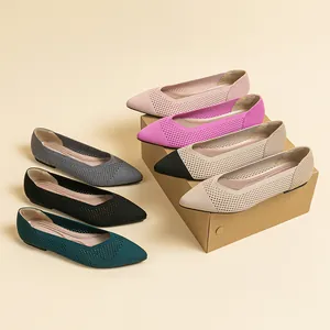 Breathable pointed toe hollow knit flat shoes for women in multiple stylish colors