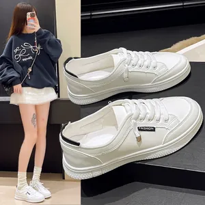 Scarpe da Skate Bianche Retro Donna Minimalista Pelle PU Lacci Piatto Punta Tonda Sneakers Casual Moda Studente Camminata
