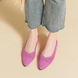 Women's pointed-toe knit flats with breathable hollow mesh design in vibrant purple