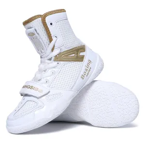 Professional high-top boxing and wrestling shoes with white mesh and gold accents