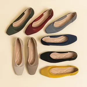 Breathable mesh knit flat shoes for women with square toe in various colors