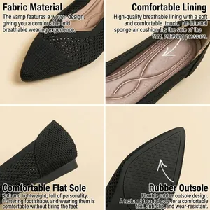 Pointed-toe knitted flat shoes in black, featuring breathable fabric and rubber sole