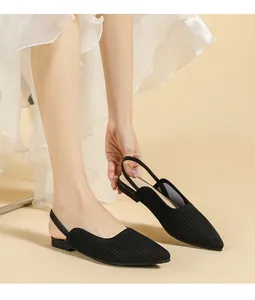 Detail shot of breathable black knit pointed-toe slingback flats with soft soles