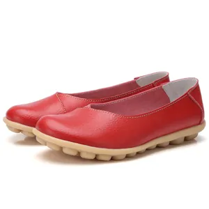 Comfortable red genuine leather loafers for women with soft non-slip rubber sole.