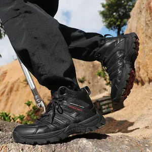 Durable men's black mid-top hiking boots for outdoor trekking and mountain climbing