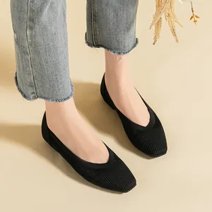 Elegant black knit square-toe ballet flats for women, comfortable woven work shoes